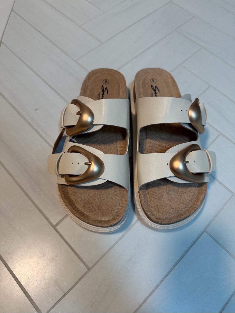 NWT Seven7 White Sandal Slides with Gold Buckles
